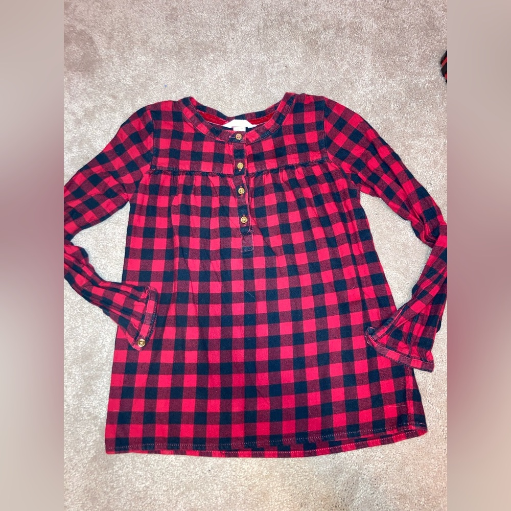 Girls Lands End red button front buffalo plaid long sleeve tunic shirt, size 8